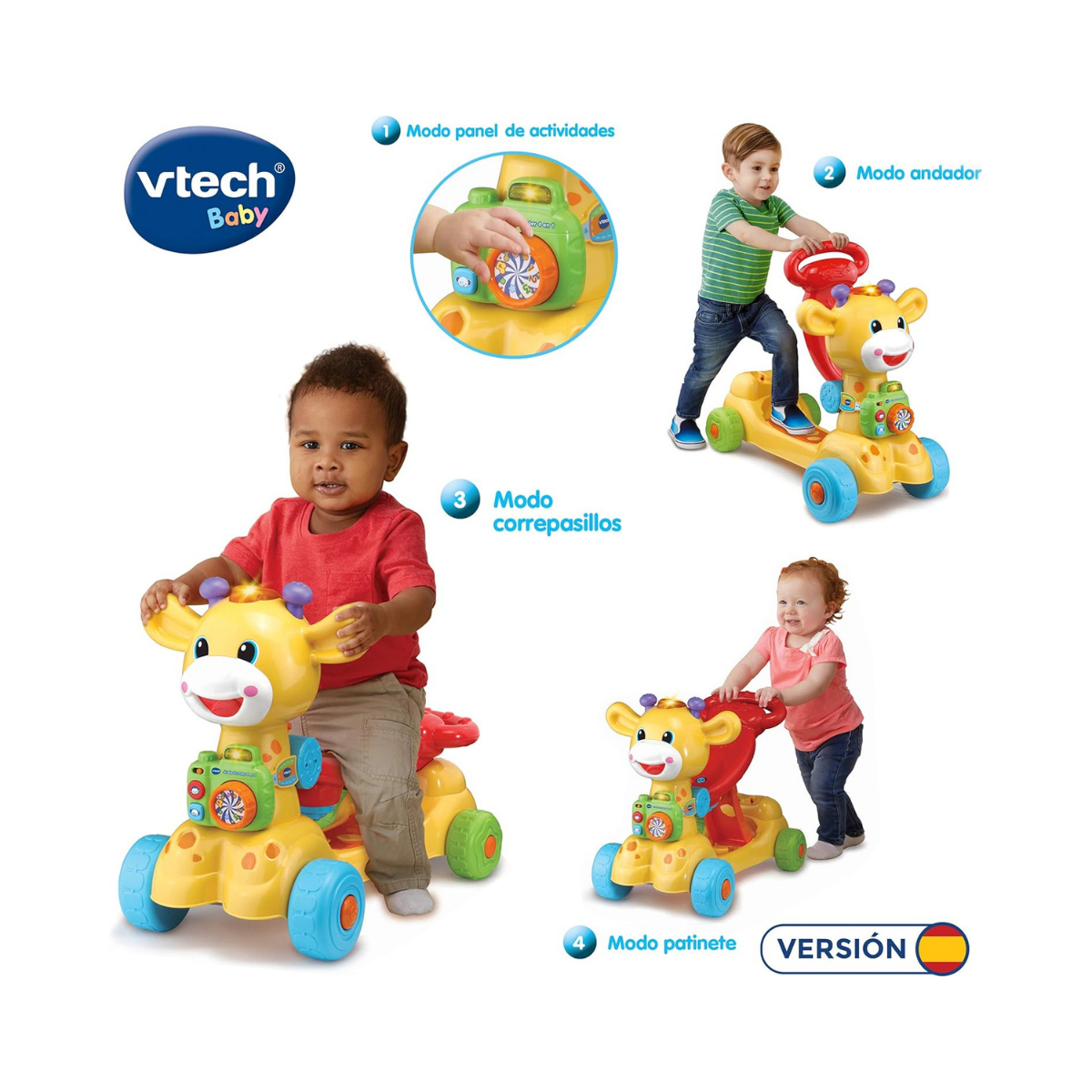 VTech Jirafa Scooter 4 en 1, andador evolutivo con actividades que se transforma en correpasillos y patinete