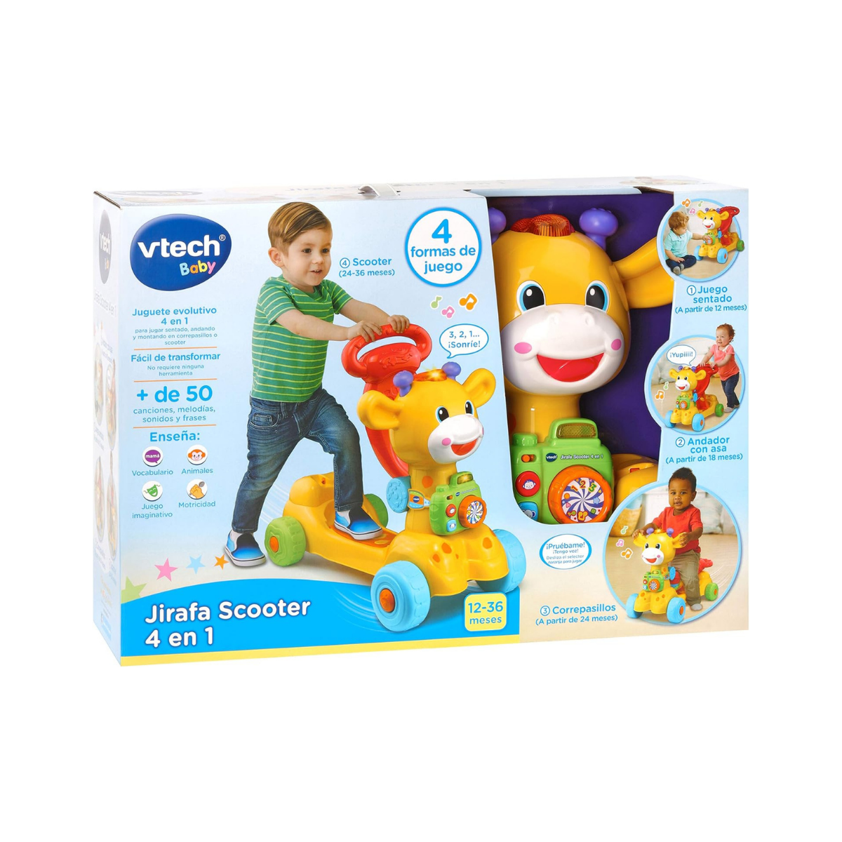 VTech Jirafa Scooter 4 en 1, andador evolutivo con actividades que se transforma en correpasillos y patinete