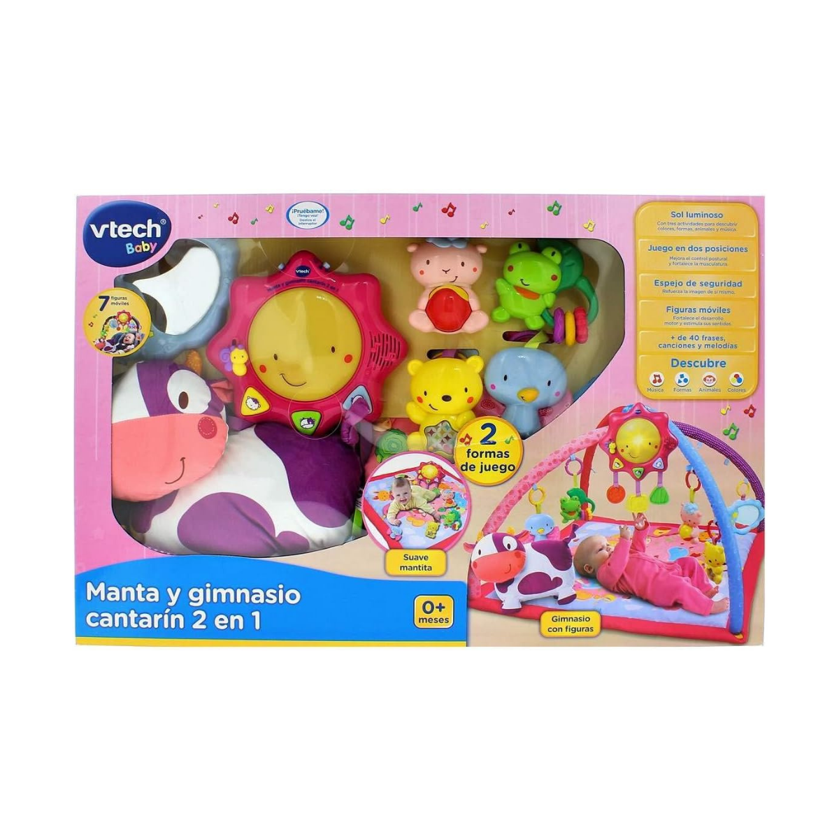 VTech Mantita de Juego cantarín 2 en 1, Manta y Gimnasio de Aprendizaje para bebé con más de 40 Canciones, Frases y melodías, Panel extraíble, Color Rosa
