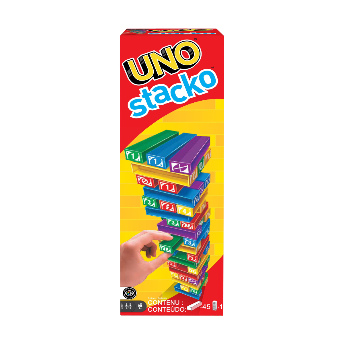 Mattel Games UNO Stacko Juego para niños y familia con 45 bloques apilables de colores