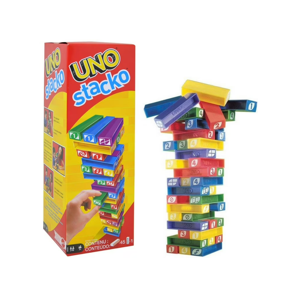 Mattel Games UNO Stacko Juego para niños y familia con 45 bloques apilables de colores
