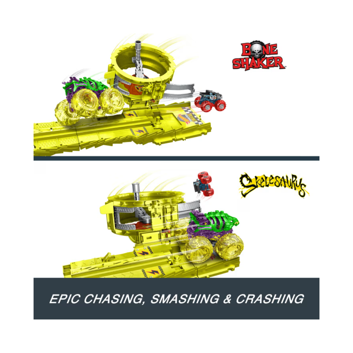 Hot Wheels Monster Trucks Power Smashers Charge & Chase con Skelesaurus Mattel