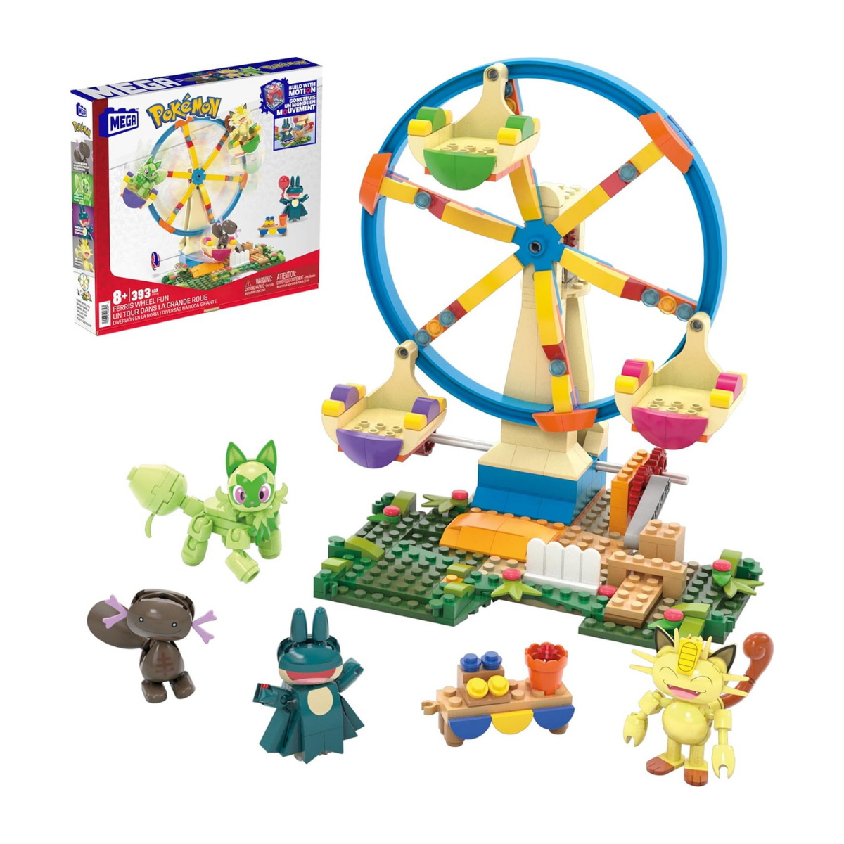 MEGA Pokémon Diversión en la noria Set de construcción con figuras de acción con 4 personajes Sprigatito, Munchlax, Meowth y Wooper