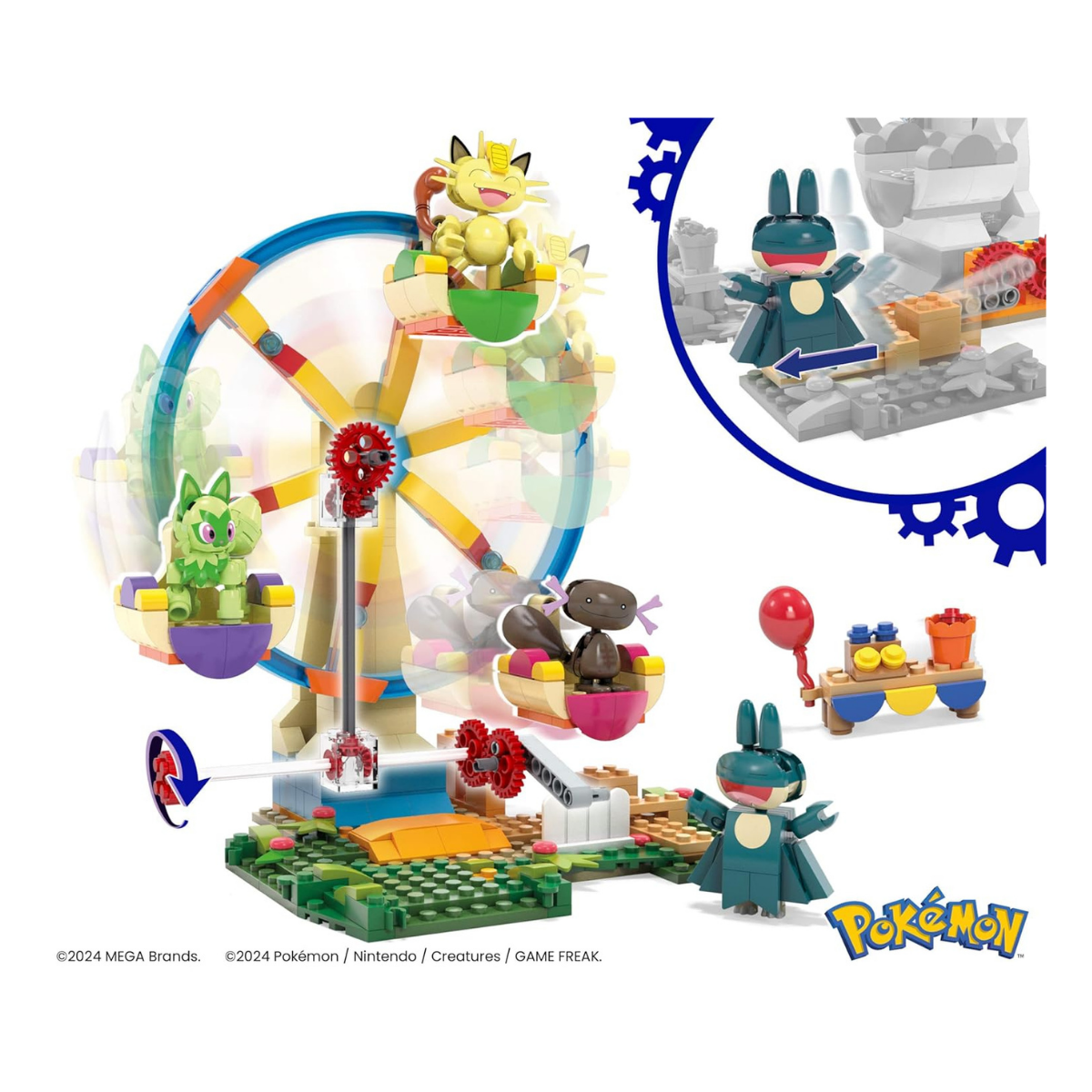 MEGA Pokémon Diversión en la noria Set de construcción con figuras de acción con 4 personajes Sprigatito, Munchlax, Meowth y Wooper