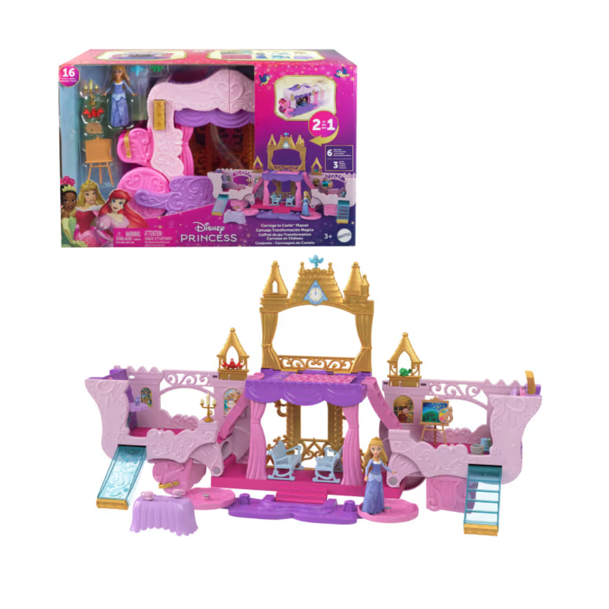 Mattel Disney Princesas Juego transformable castillo y carruaje con muñeca pequeña Aurora