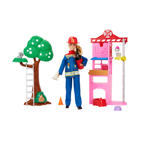 Barbie Bombero con Estación de Bomberos, 2 Mascotas y más de 10 Accesorios