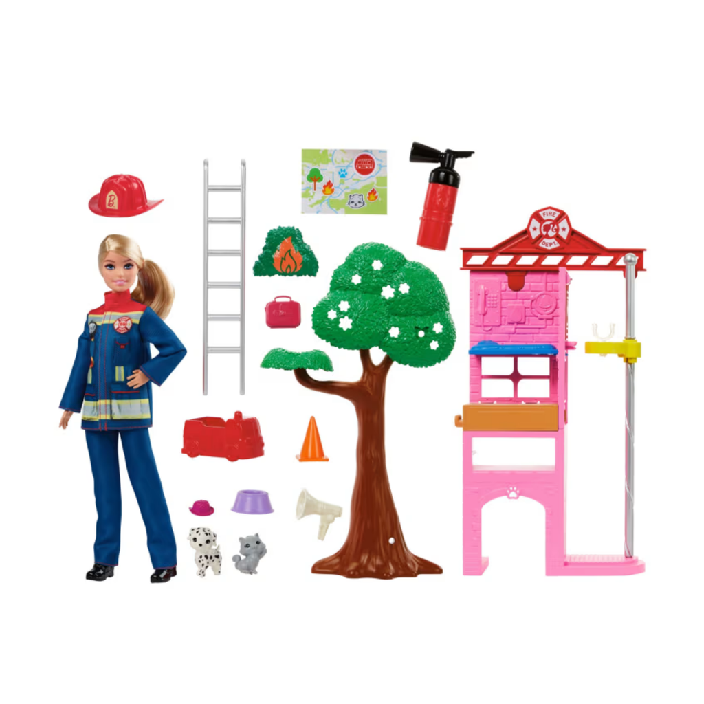 Barbie Bombero con Estación de Bomberos, 2 Mascotas y más de 10 Accesorios