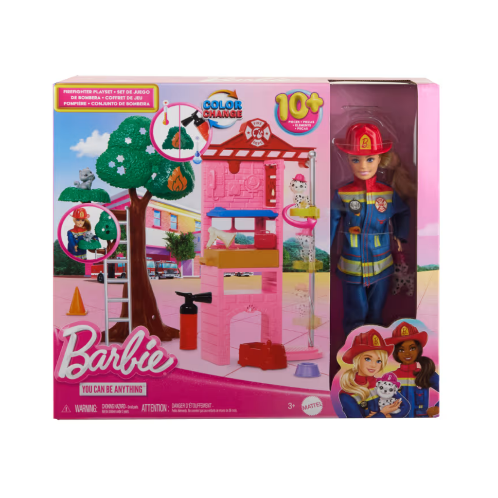 Barbie Bombero con Estación de Bomberos, 2 Mascotas y más de 10 Accesorios
