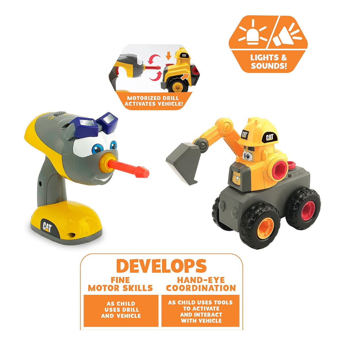 CAT - Excavadora de construcción Fix-It con taladro motorizado con luces y sonidos,