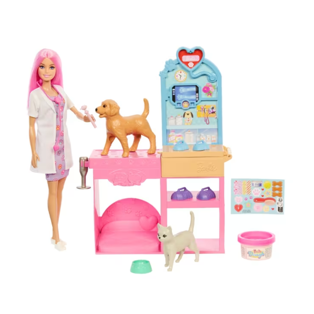 Clínica Veterinaria De Barbie Con Muñeca De Pelo Rosa
