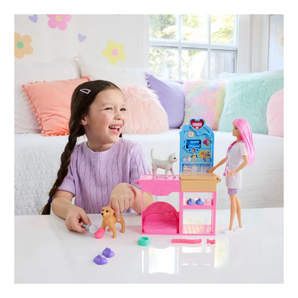 Clínica Veterinaria De Barbie Con Muñeca De Pelo Rosa